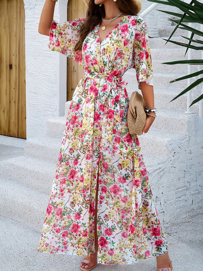 Floral Dresses- Floral Surplice Maxi Dress with Slit & Belt- White- Chuzko Women Clothing