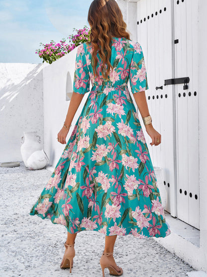 Floral Dresses- Nature's Floral Print V-Neck Midi Dress for Garden Affairs- - Chuzko Women Clothing