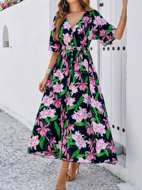 Floral Dresses- Nature's Floral Print V-Neck Midi Dress for Garden Affairs- - Chuzko Women Clothing