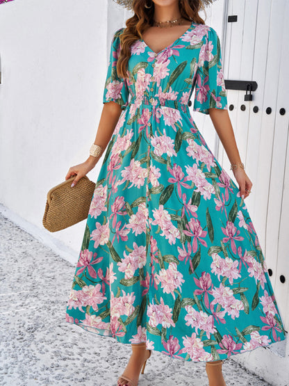 Floral Dresses- Nature's Floral Print V-Neck Midi Dress for Garden Affairs- Green- Chuzko Women Clothing