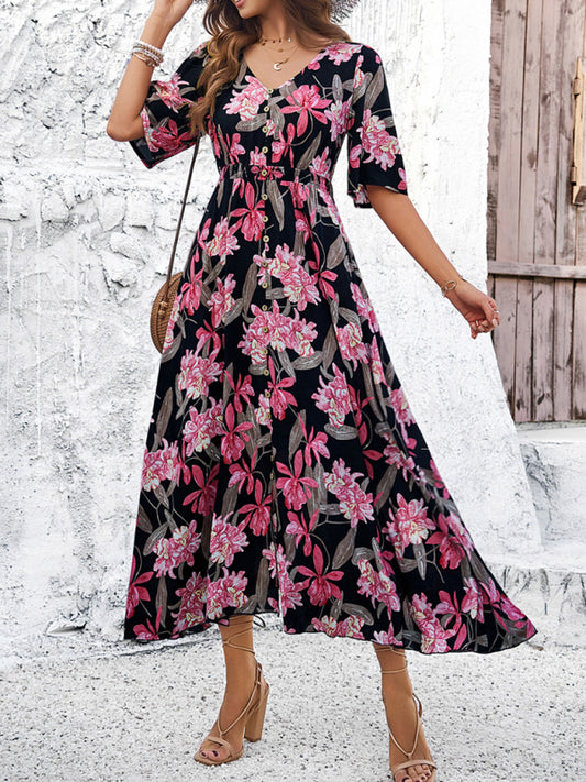 Floral Dresses- Nature's Floral Print V-Neck Midi Dress for Garden Affairs- Black- Chuzko Women Clothing