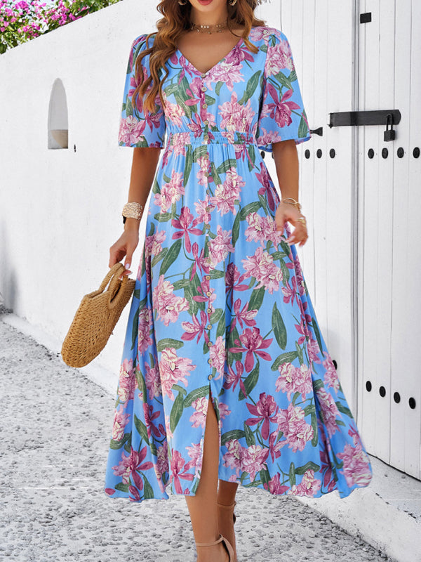 Floral Dresses- Nature's Floral Print V-Neck Midi Dress for Garden Affairs- Blue- Chuzko Women Clothing