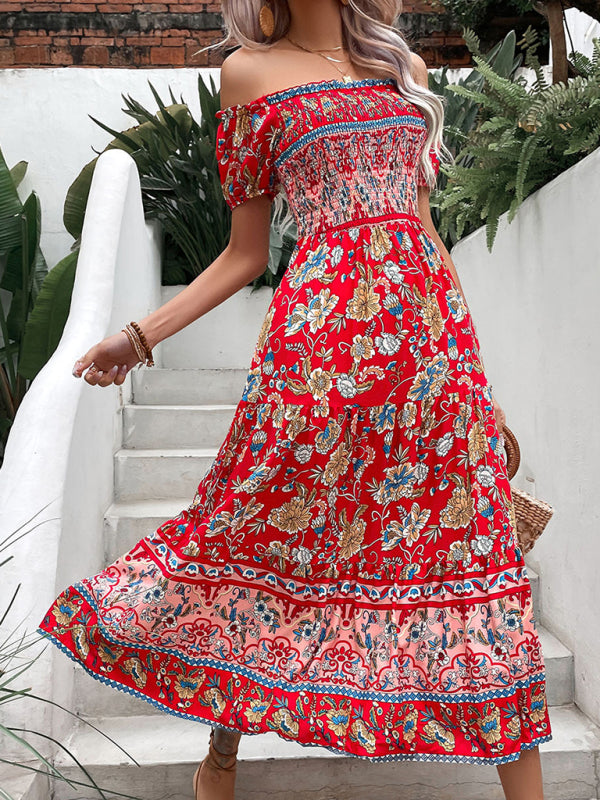 Floral Dresses- Off-Shoulder Smocked Bodice Midi Dress in Floral Print- - Chuzko Women Clothing
