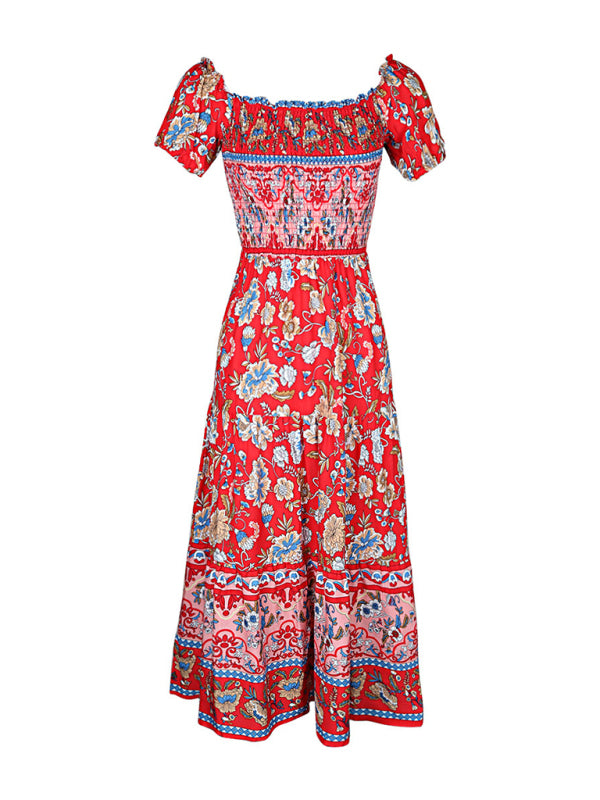Floral Dresses- Off-Shoulder Smocked Bodice Midi Dress in Floral Print- - Chuzko Women Clothing