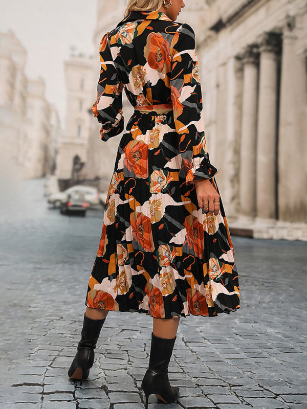 Floral Dresses- Pleats Floral Print Long Sleeve Midi Dress with Belt-Tie- Chuzko Women Clothing