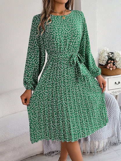 Floral Dresses- Spring Belted A-Line Dress with Pleats & Long Sleeves in Floral Print- Chuzko Women Clothing