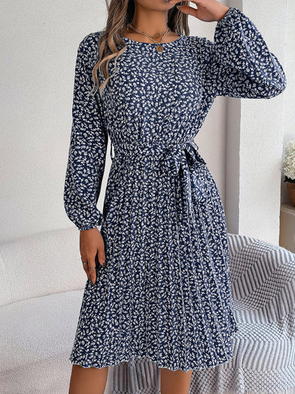 Floral Dresses- Spring Belted A-Line Dress with Pleats & Long Sleeves in Floral Print- Chuzko Women Clothing