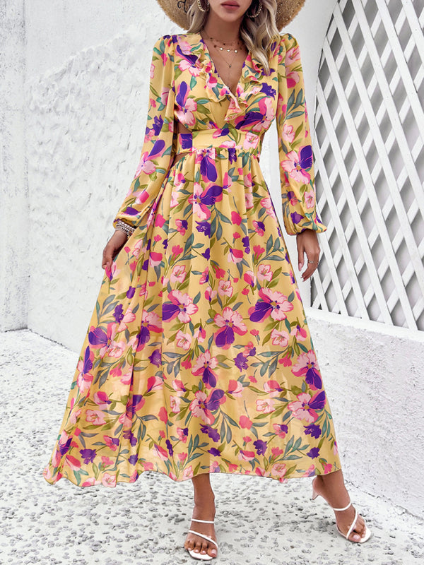 Floral Dresses- Spring Floral Cutout Backless Midi Dress with Long Sleeves- Yellow- Chuzko Women Clothing