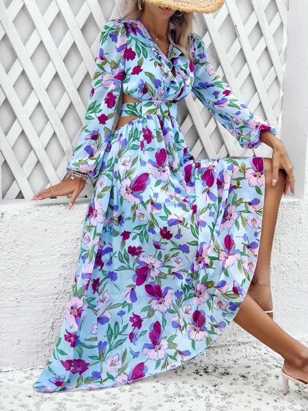 Floral Dresses- Spring Floral Cutout Backless Midi Dress with Long Sleeves- - Chuzko Women Clothing