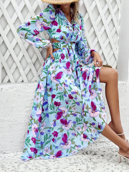 Floral Dresses- Spring Floral Cutout Backless Midi Dress with Long Sleeves- - Chuzko Women Clothing