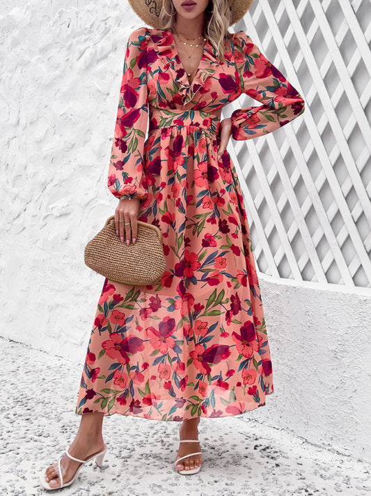 Floral Dresses- Spring Floral Cutout Backless Midi Dress with Long Sleeves- Pink- Chuzko Women Clothing