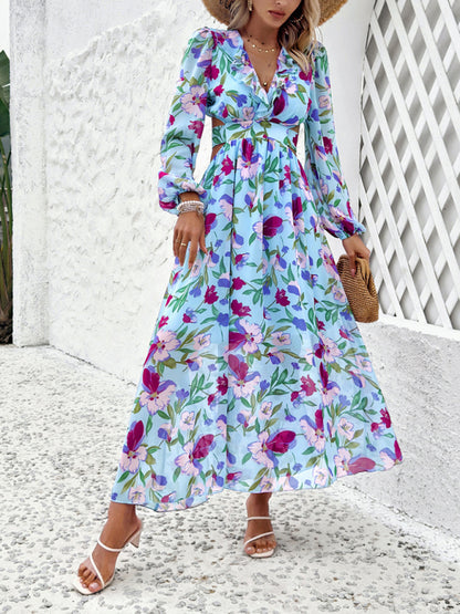 Floral Dresses- Spring Floral Cutout Backless Midi Dress with Long Sleeves- Blue- Chuzko Women Clothing