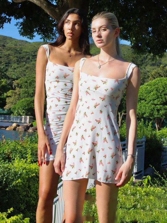 Floral Dresses- Summer Garden Floral Square Neck Sleeveless Mini Dress- Chuzko Women Clothing