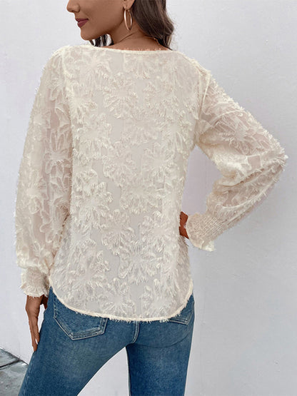 Floral Lace Long-Sleeve Blouse with Elegant Lining