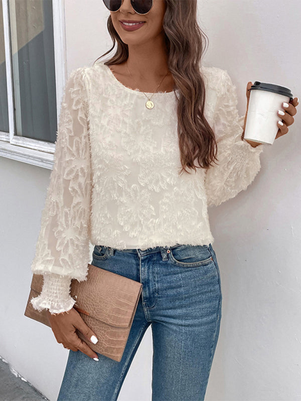 Floral Lace Long-Sleeve Blouse with Elegant Lining