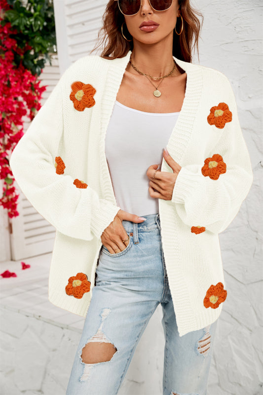 Flowers Knitted Buttonless Sweater Cardigan Cardigans - Chuzko Women Clothing