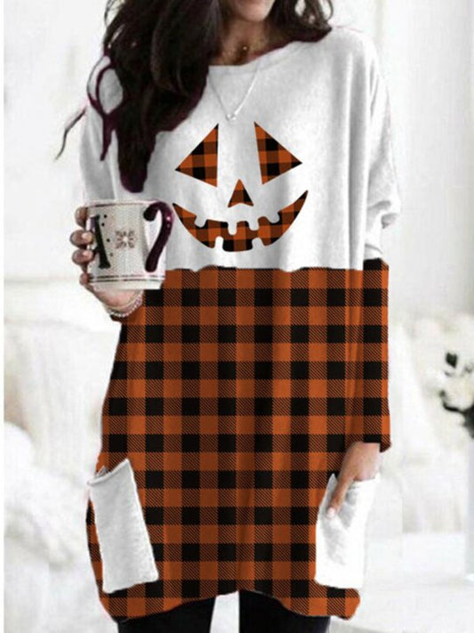 Halloween Ghost Face Print Mid-length Sweatshirt Sweatshirts - Chuzko Women Clothing