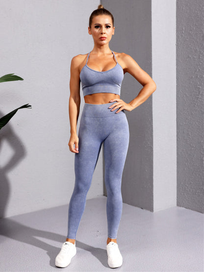 Gym Outfits- Women's Solid Stretchy Tight High-Waisted Gym Leggings- Blue- Chuzko Women Clothing