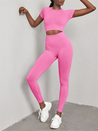 Gym Outfits- Workout 2 Piece Set - Crop Top and Leggings for Women- Pink- Chuzko Women Clothing