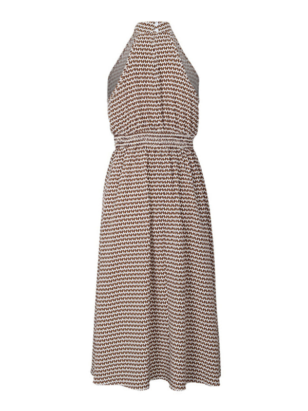 Halter Dresses- A-Line Sleeveless Brown Print Midi Dress with Smocked Waist- - Chuzko Women Clothing