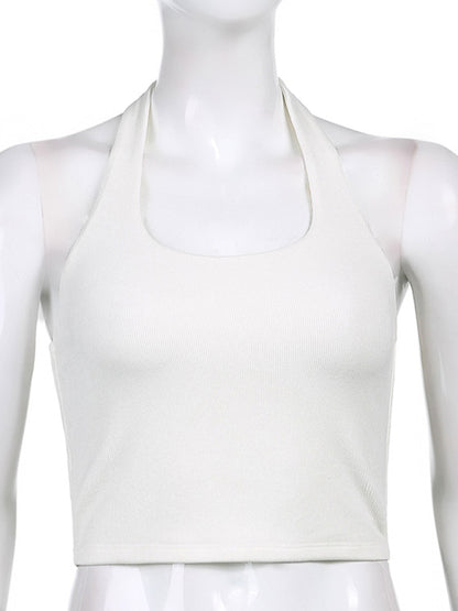 Halter Tops- Women's Textured Halter Crop Top with Open Back- - Chuzko Women Clothing