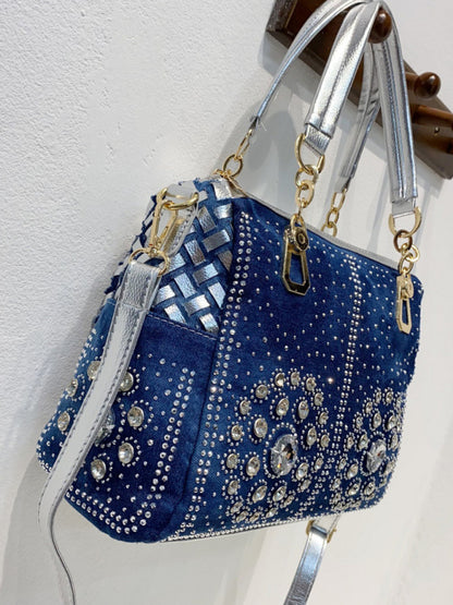 Handbags- Beaded Denim Crossbody Tote Bag with Golden Touch- - Chuzko Women Clothing