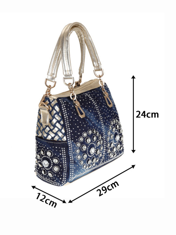 Handbags- Beaded Denim Crossbody Tote Bag with Golden Touch- - Chuzko Women Clothing