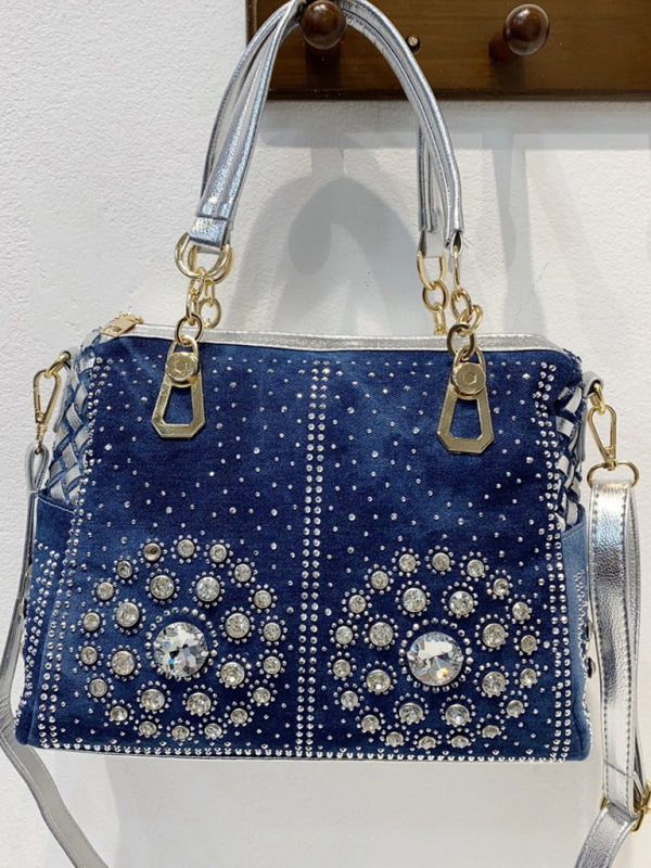 Handbags- Beaded Denim Crossbody Tote Bag with Golden Touch- - Chuzko Women Clothing