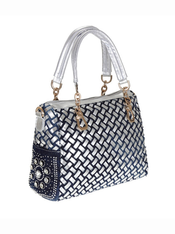 Handbags- Beaded Denim Crossbody Tote Bag with Golden Touch- - Chuzko Women Clothing