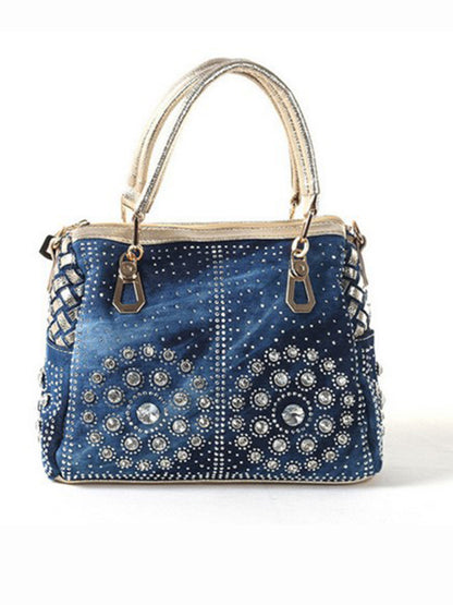 Handbags- Beaded Denim Crossbody Tote Bag with Golden Touch- Golden- Chuzko Women Clothing