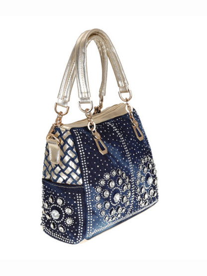 Handbags- Beaded Denim Crossbody Tote Bag with Golden Touch- - Chuzko Women Clothing