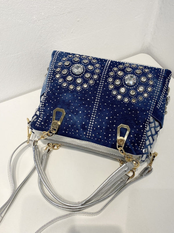 Handbags- Beaded Denim Crossbody Tote Bag with Golden Touch- - Chuzko Women Clothing