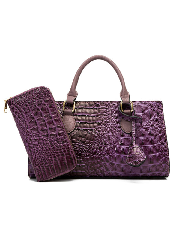 Faux Crocodile Skin Leather Satchel Bag with Wallet