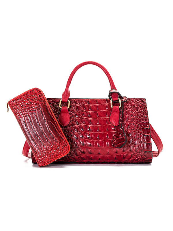 Faux Crocodile Skin Leather Satchel Bag with Wallet