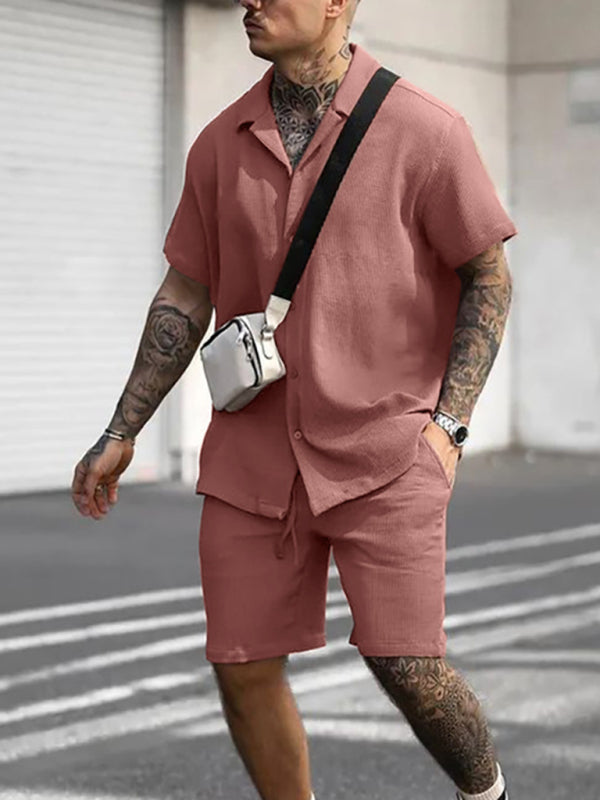 Hawaiian Outfit- Men's Cotton Blend 2-Piece Hawaiian Outfit - Short Sleeve Shirt and Shorts- Chuzko Women Clothing