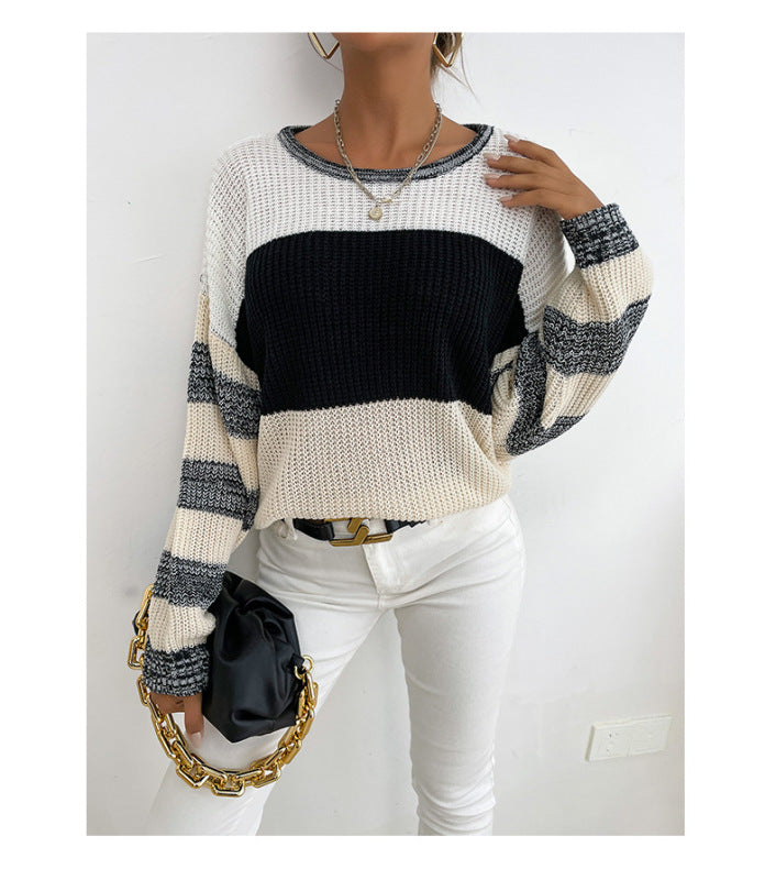 Lightweight Knit Pullover - Women's Color Block Sweater Sweaters - Chuzko Women Clothing