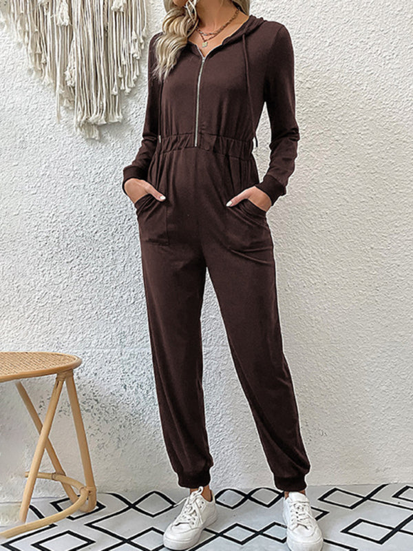 Hooded Coveralls - Zip-Front Jumpsuit with Pockets, Elastic Waistband Hooded Coveralls - Chuzko Women Clothing