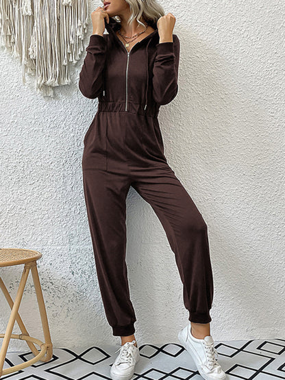 Hooded Coveralls - Zip-Front Jumpsuit with Pockets, Elastic Waistband Hooded Coveralls - Chuzko Women Clothing