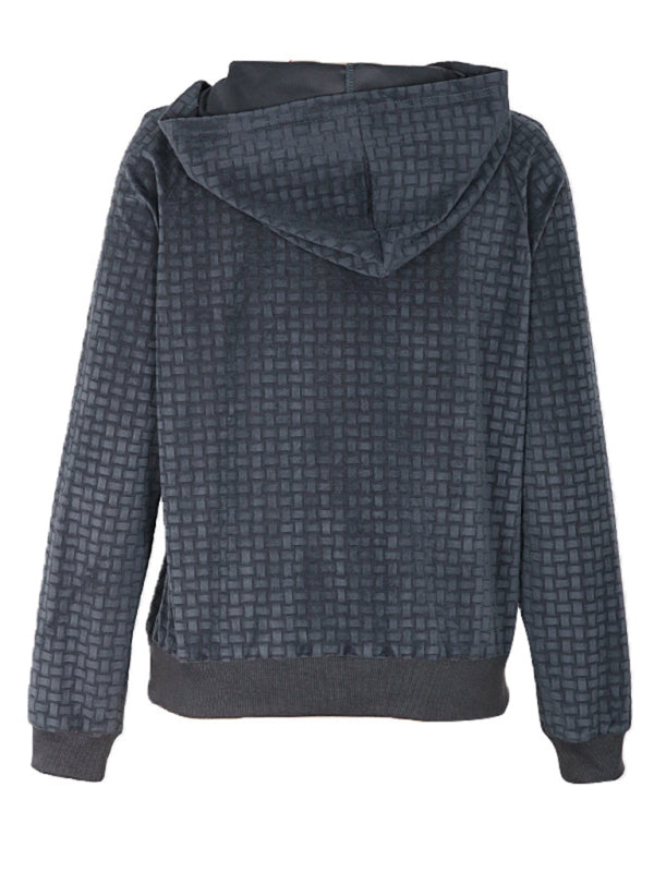 Hoodie- Buttoned Textures Hooded Raglan Sweatshirt- Chuzko Women Clothing