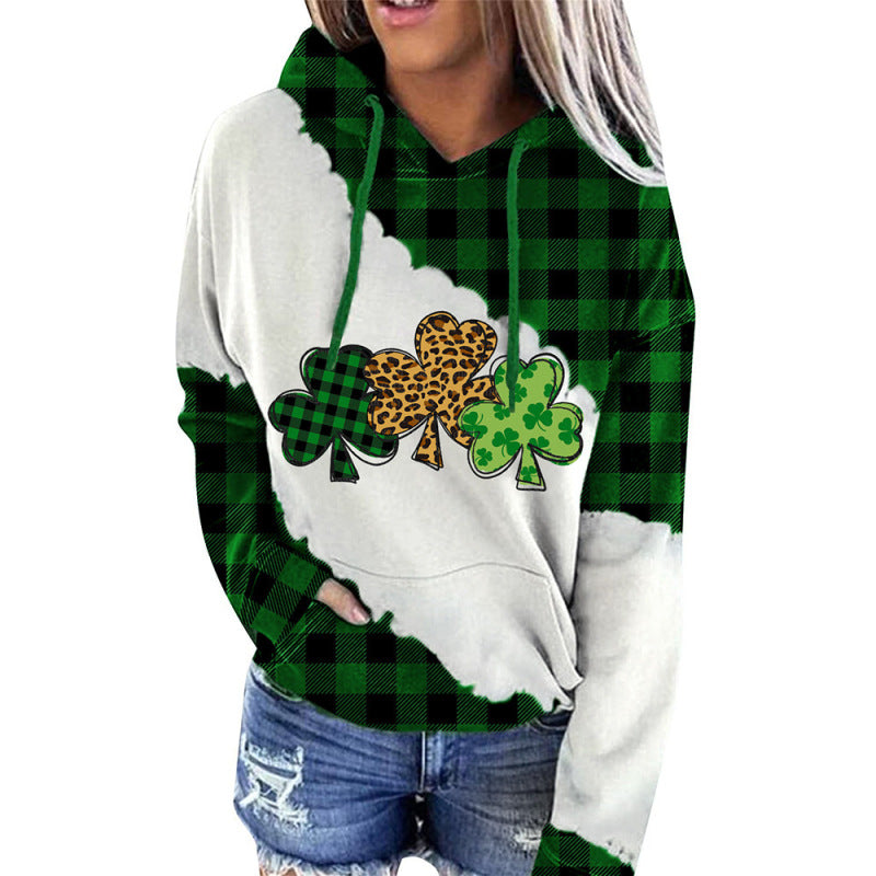 Hoodies- Four-Leaf Clover Print Hoodie for St. Patrick's Day- Chuzko Women Clothing