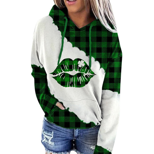 Hoodies- Plaid Saint Patrick's Day Hooded Sweatshirt with Lips Print- Chuzko Women Clothing