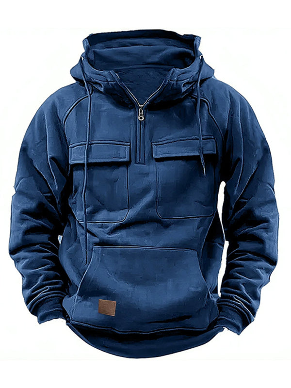 Hoodies- Utility Cotton Blend Hooded Sweatshirt | Multipocket Zip-Up Hoodie for Men- Chuzko Women Clothing