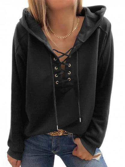 Hoodies- Women Sporty Hooded Pullover - Lace-Up Sweatshirt in Solid Hues- Black- Chuzko Women Clothing