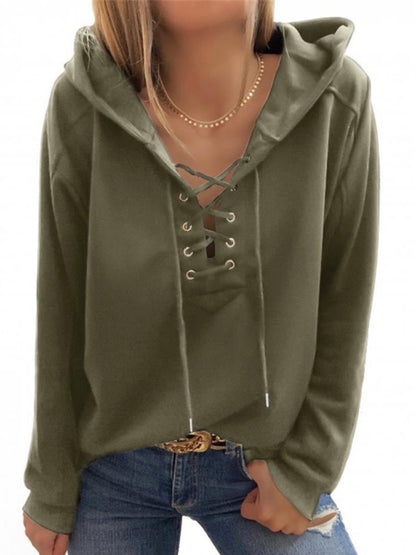 Hoodies- Women Sporty Hooded Pullover - Lace-Up Sweatshirt in Solid Hues- - Chuzko Women Clothing