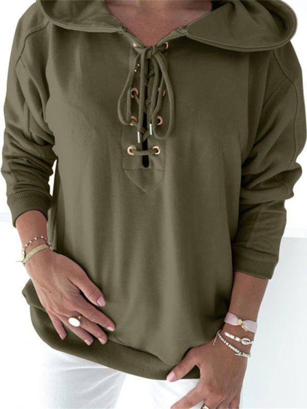 Hoodies- Women Sporty Hooded Pullover - Lace-Up Sweatshirt in Solid Hues- - Chuzko Women Clothing