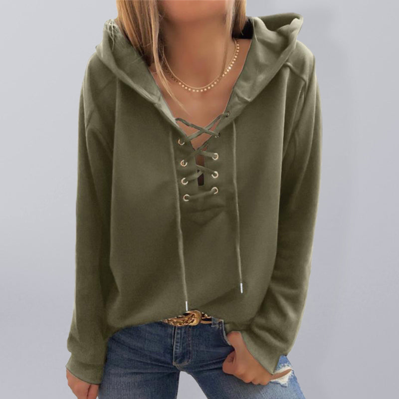 Hoodies- Women Sporty Hooded Pullover - Lace-Up Sweatshirt in Solid Hues- Olive green- Chuzko Women Clothing