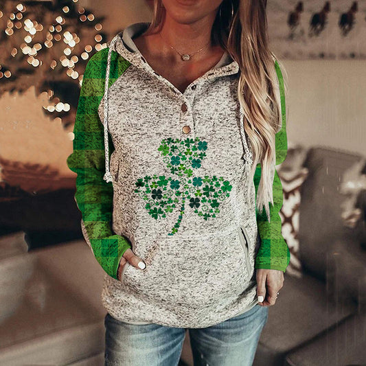 Hoodies- Women's St. Patrick's Day Hooded Sweatshirt with Four-Leaf Clover Print- Chuzko Women Clothing