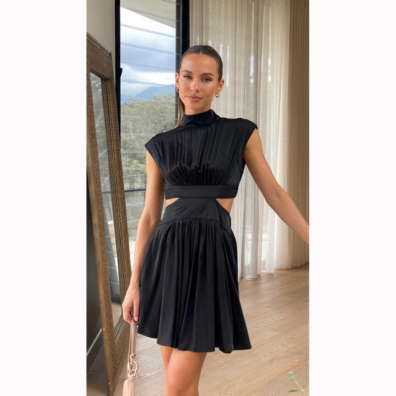 Stand Collar Cutout Dress with Elastic Back & Flowy Pleats Skirt Contemporary Dresses - Chuzko Women Clothing