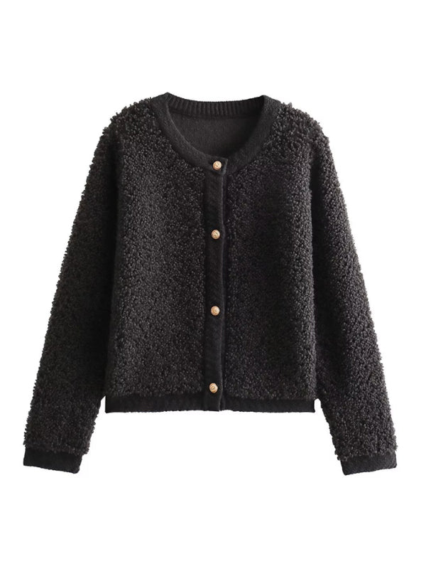 Jackets- Cozy Plush Fleece Jacket in Button-Up Style- Chuzko Women Clothing