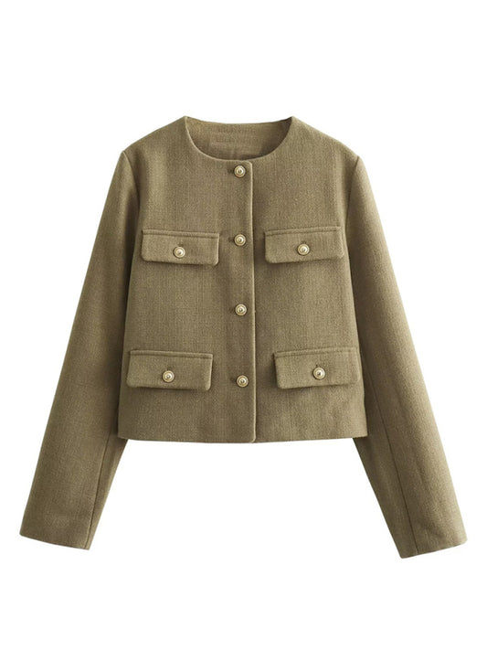 Jackets- Cropped Button-Up Blazer | Tailored Flap Jacket- Chuzko Women Clothing